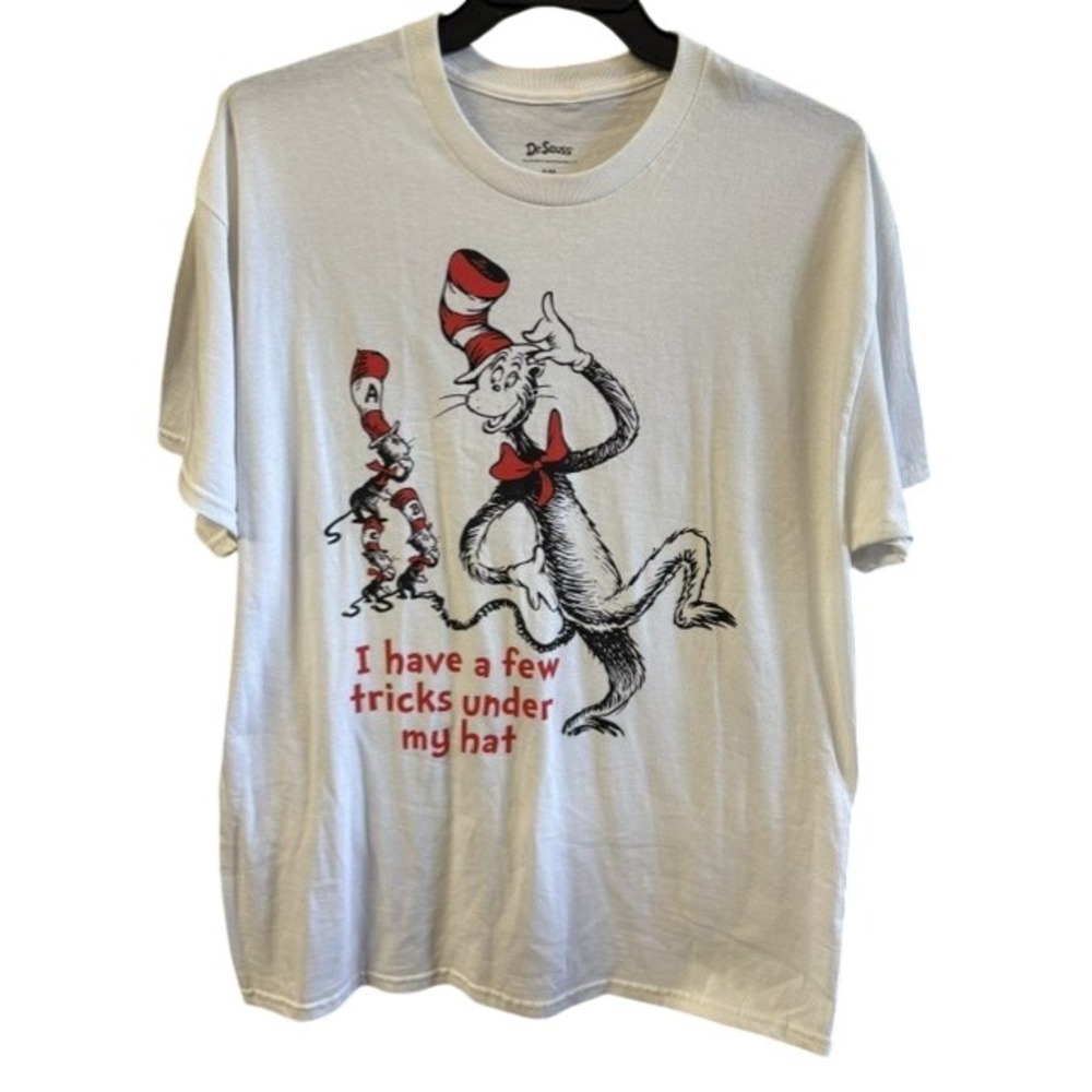 Dr Seuss Cat in the Hat White Graphic T-Shirt Mens XL Tricks Under My Hat